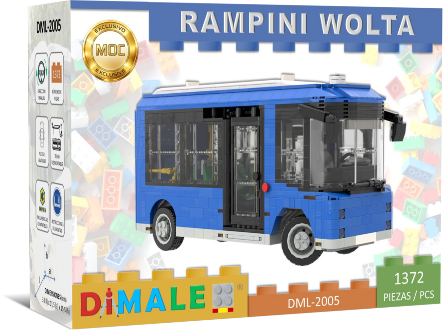 Maqueta de autobús azul "Rampini Volta" con bloques de construcción Dimale.