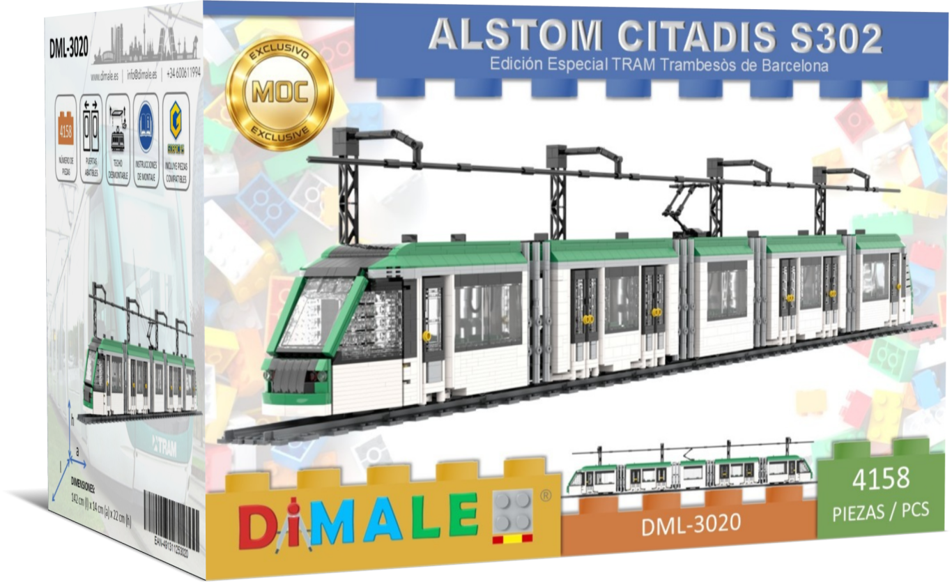 Tren modelo Alstom Citadis S302 en su embalaje, con colores vibrantes y detalles del producto.