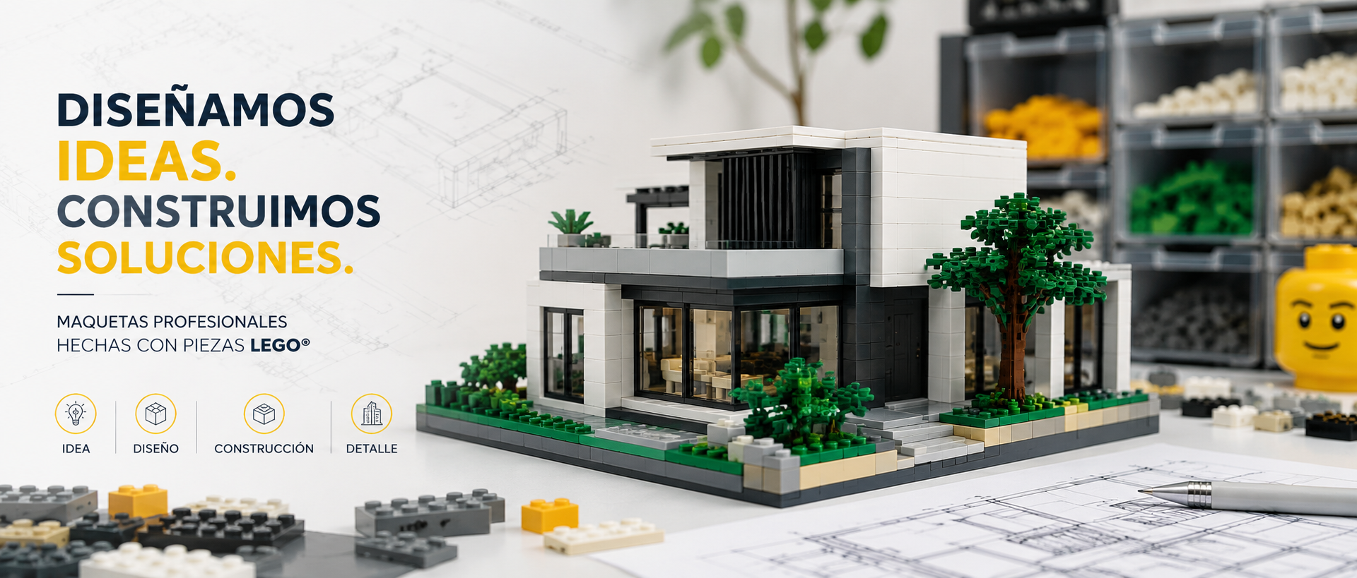 Maqueta de una casa hecha con bloques de construcción, rodeada de plantas y herramientas.