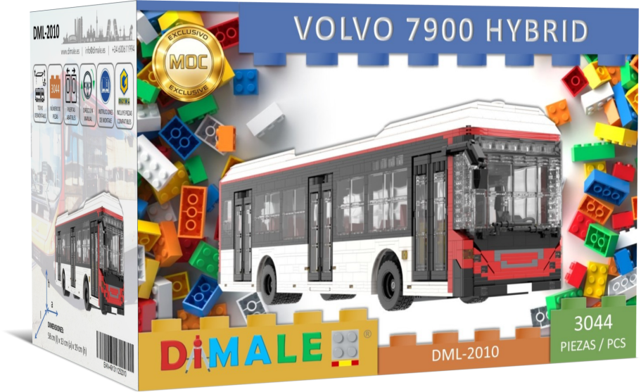 Maqueta de autobús Volvo 7900 Hybrid con piezas de construcción de colores.