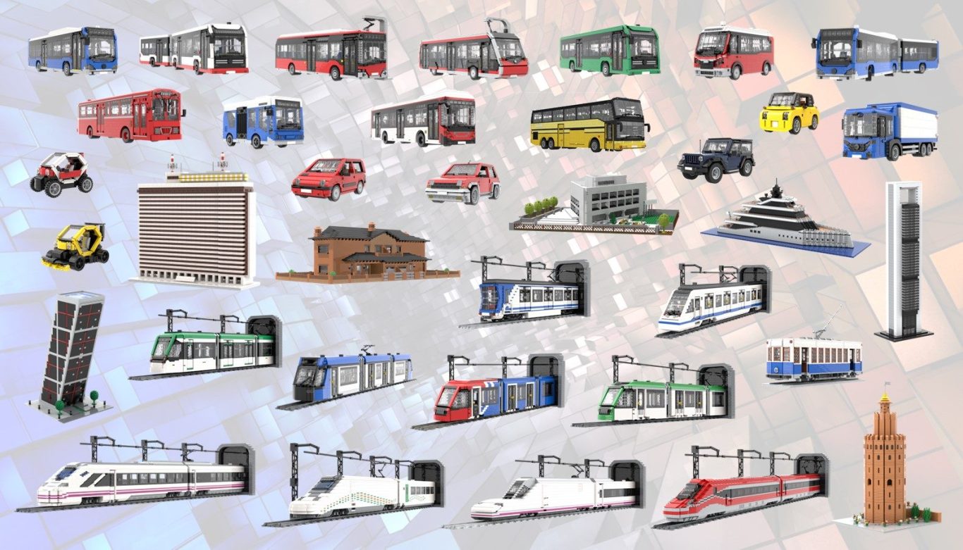 Diversos vehículos de transporte, incluidos autobuses, trenes y barcos, sobre fondo colorido.