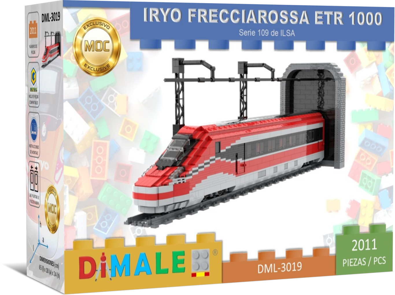 Tren Alta Velocidad IRYO Frecciarossa ETR 1000 S109 MOC Lego Tren modelo Iryo Frecciarossa ETR 1000 en su caja, con detalles visibles.