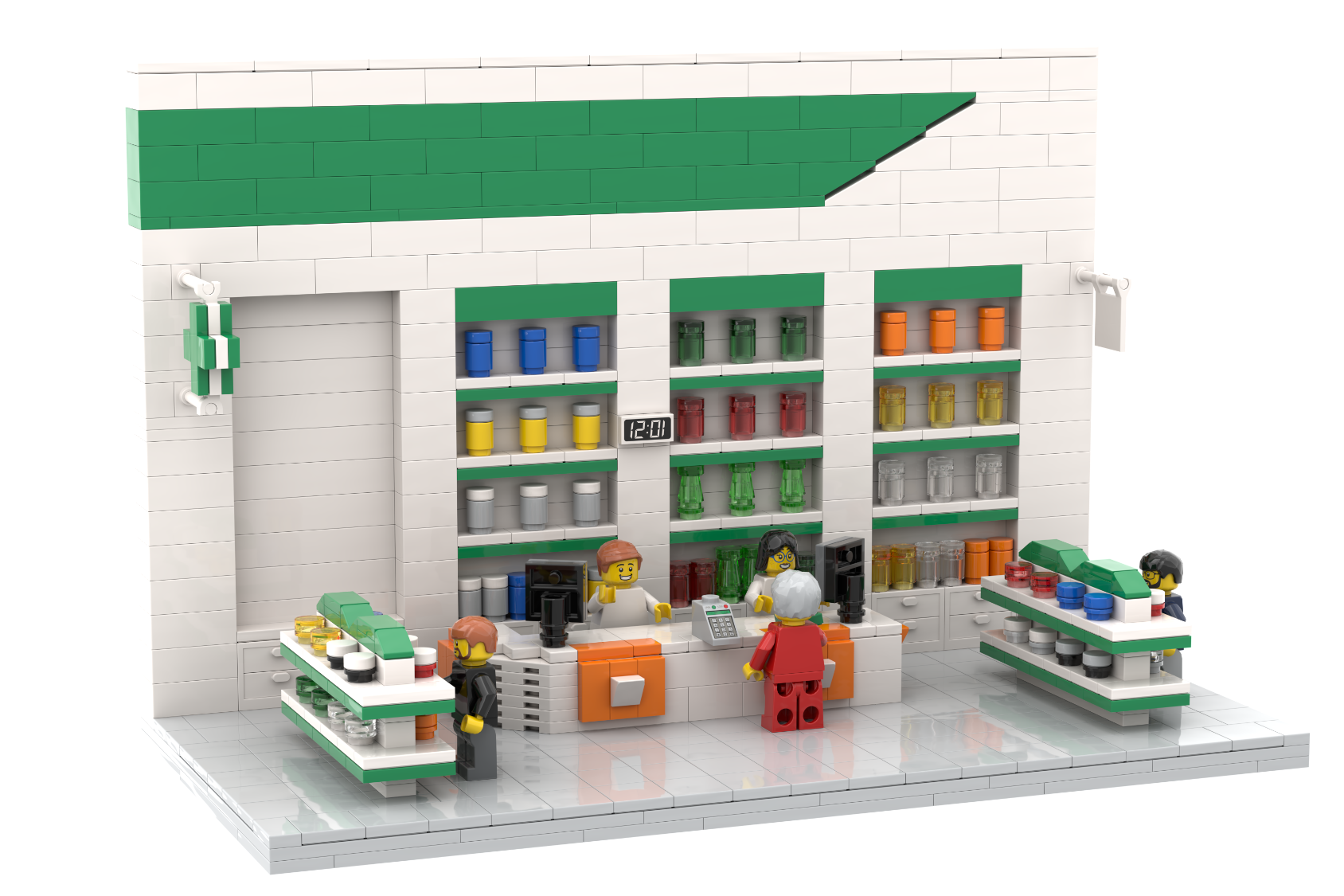 Farmacia MOC Lego Escenario de una tienda con estantes llenos de productos y figuras de LEGO.