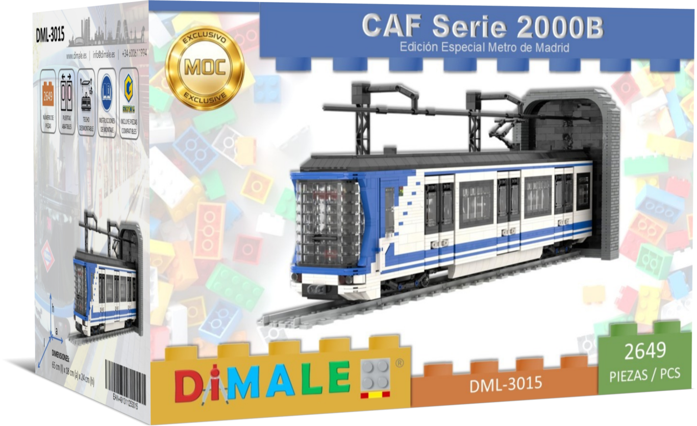 Tren CAF Serie 2000B Metro de Madrid MOC Lego Tren de modelismo CAF Serie 2000B en su empaque original de Dimale.