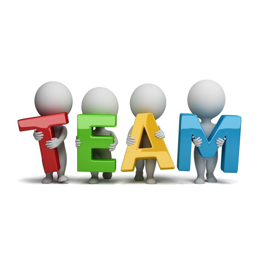 Cuatro figuras de personas sosteniendo las letras de la palabra "TEAM".