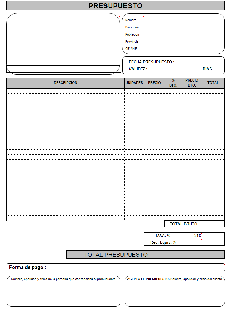 Encargar el MOC Formulario de presupuesto con espacios para datos del cliente y productos o servicios.