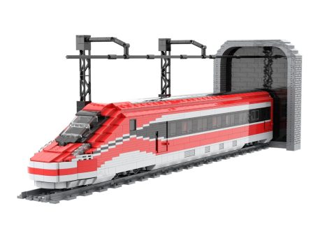 Tren Alta Velocidad IRYO Frecciarossa ETR 1000 S109 MOC Lego - Parte delantera Tren de juguete en estilo LEGO saliendo de un túnel.