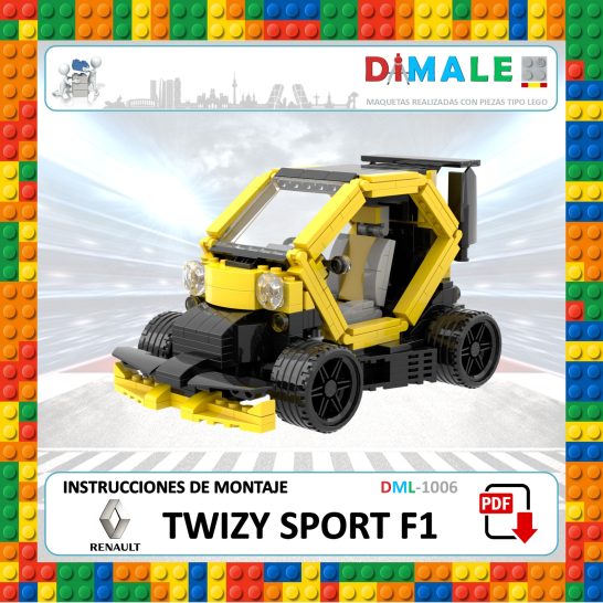 Modelo de auto de juguete Twizy Sport F1 en colores amarillos y negros.