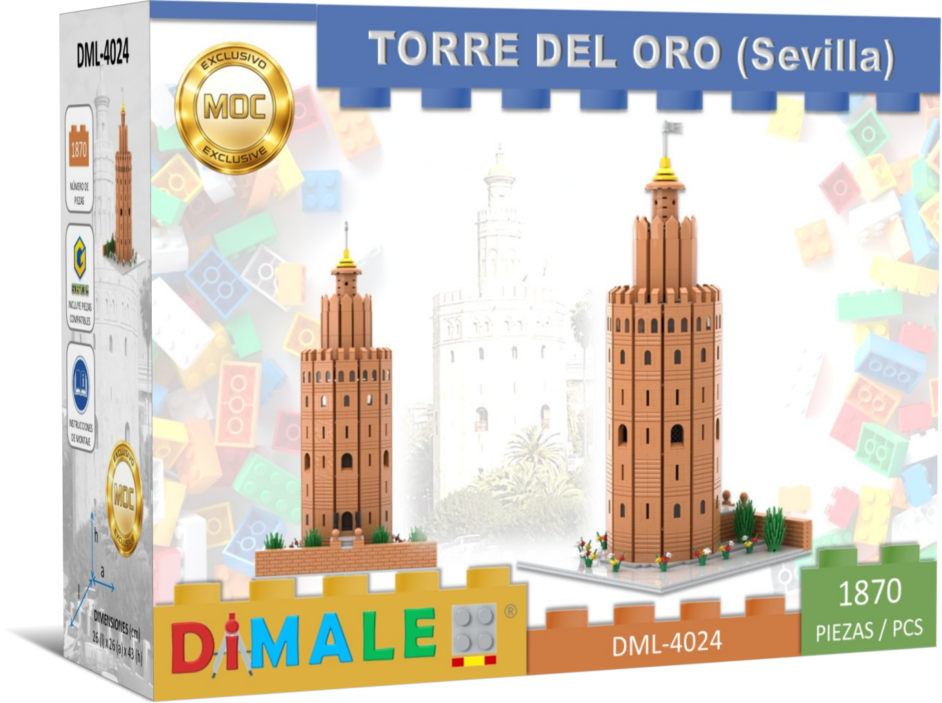 Edificio Torre del Oro (Sevilla) MOC juego construcción Lego Maqueta de la Torre del Oro de Sevilla en una caja, con piezas de construcción.
