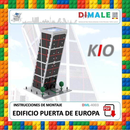 Modelo del edificio Puerta de Europa, llamado KIO, con diseño inclinado y detalles arquitectónicos.