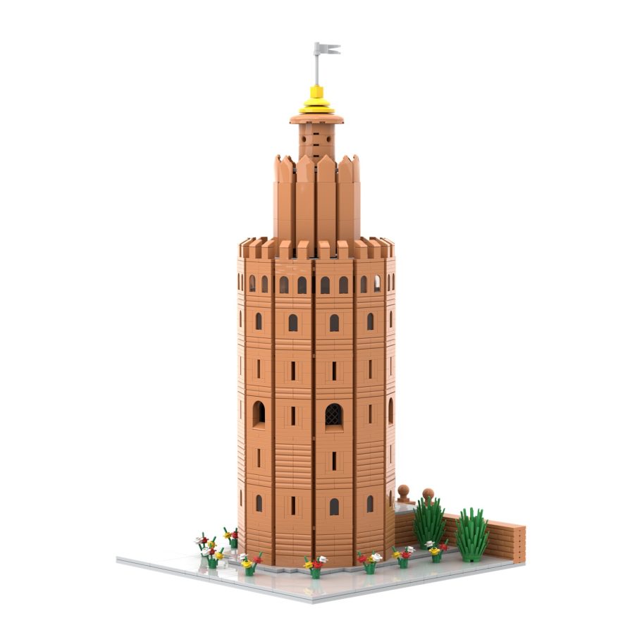 Edificios Importantes Torre de ladrillo con bandera, decorada con plantas y personajes pequeños.