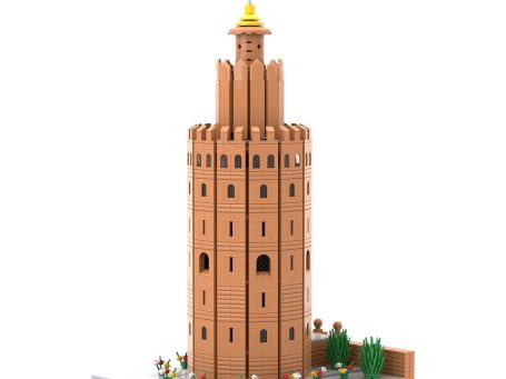 Torre del Oro de Sevilla MOC Lego - Vista exterior 2 Torre de arquitectura estilizada con detalles en amarillo y un fondo de figuras pequeñas.