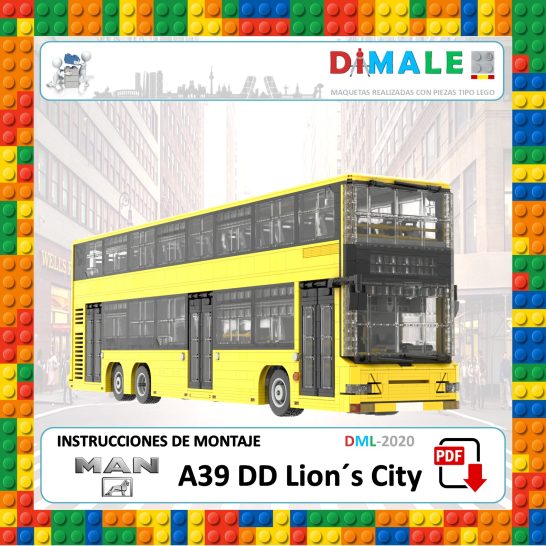 Autobús de dos pisos amarillo con instrucciones de montaje. Modelo A39 DD Lion's City.