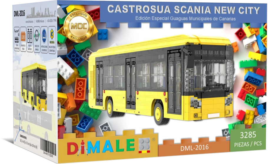 Maqueta de autobús Castrosua Scania, bloques de construcción de colores incluidos.