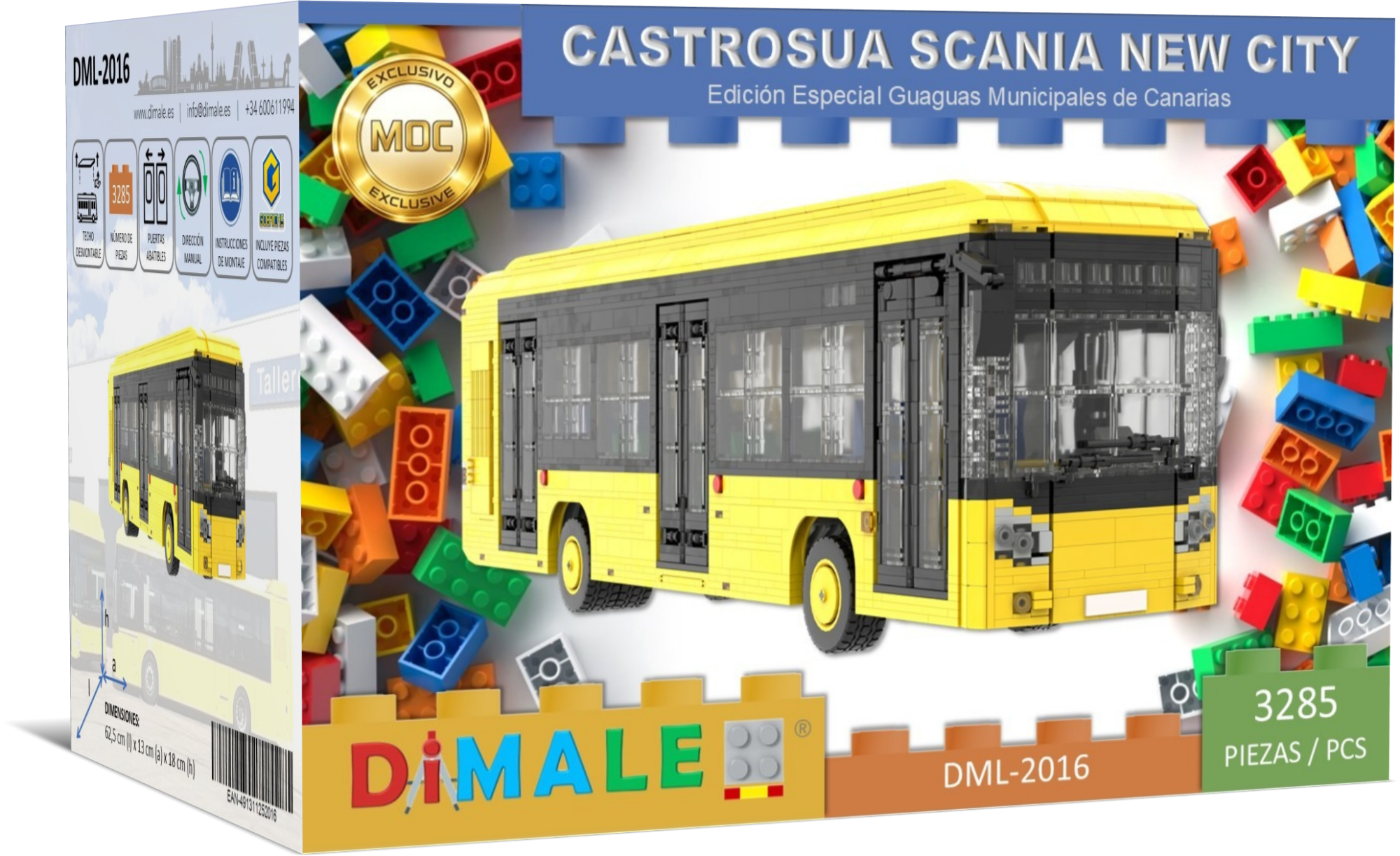 Maqueta de autobús Castrosua Scania, bloques de construcción de colores incluidos.