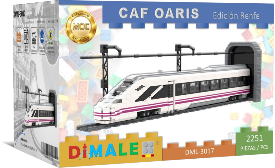 Tren modelo CAF Oaris en caja, con diseño en blanco y detalles rosas.