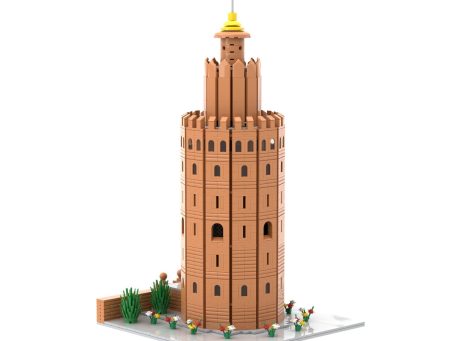 Torre del Oro de Sevilla MOC Lego - Vista exterior 1 Torre de estilo medieval construida con ladrillos, adornada con un pináculo dorado.