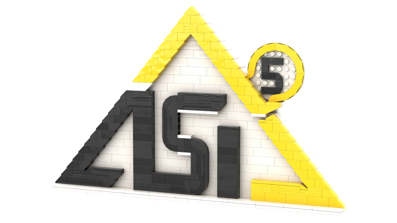 Logotipo proceso ASI-5 realizado con lego Logo de A11 con forma triangular y los números 4 y 5, en colores negro y amarillo.