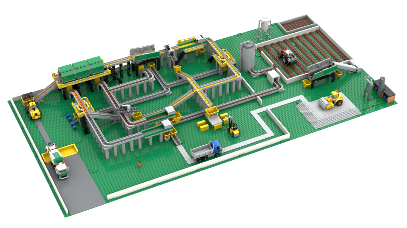 Maquetas modulares Lego Maqueta de un circuito urbano con carreteras, edificios y vehículos de construcción.