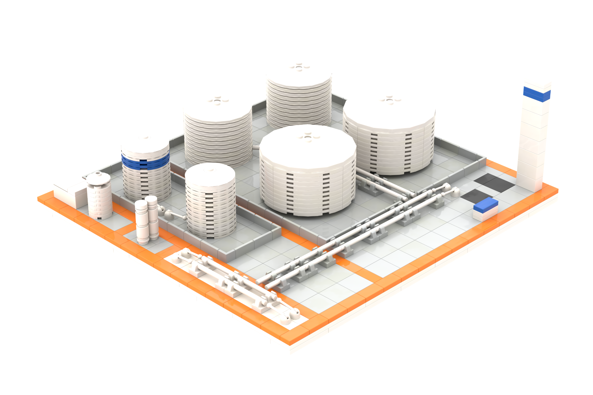 Refinería Repsol MOC Lego Planta industrial con tanques, tuberías y chimenea en un diseño simplificado.