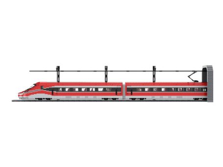 Tren Alta Velocidad IRYO Frecciarossa ETR 1000 S109 MOC Lego - Vista lateral Tren de alta velocidad saliendo de un túnel, de color rojo y gris con pantógrafos.