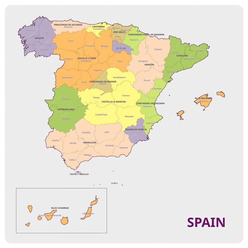 Mapa de España con divisiones territoriales en colores.