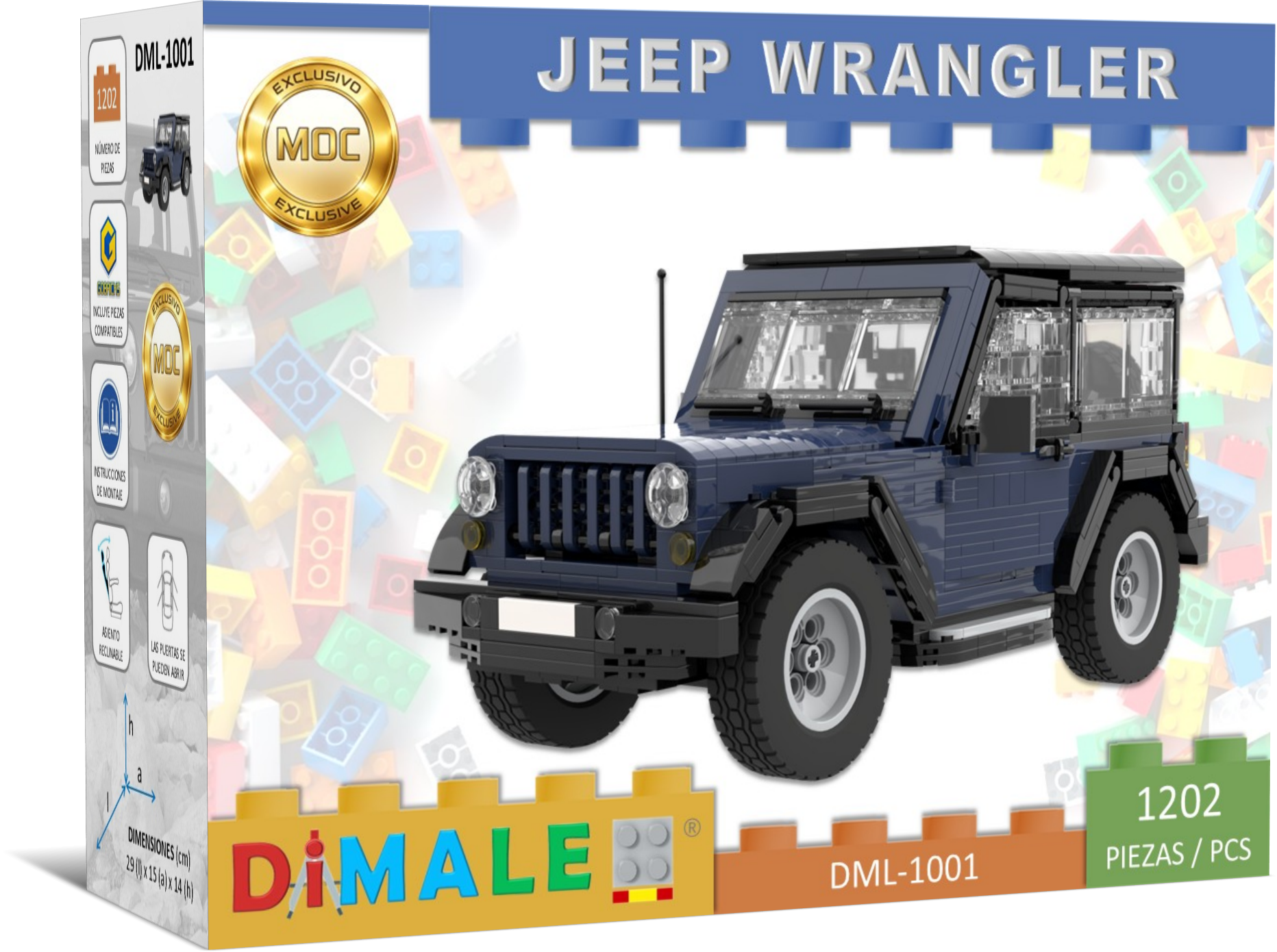 Jeep Wrangler juego construcción Lego MOC Caja del modelo de un Jeep Wrangler de construcción, color azul oscuro.