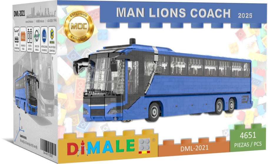 Autobús modelo MAN Lions Coach en caja de juguete, diseño en azul y detalles coloridos.