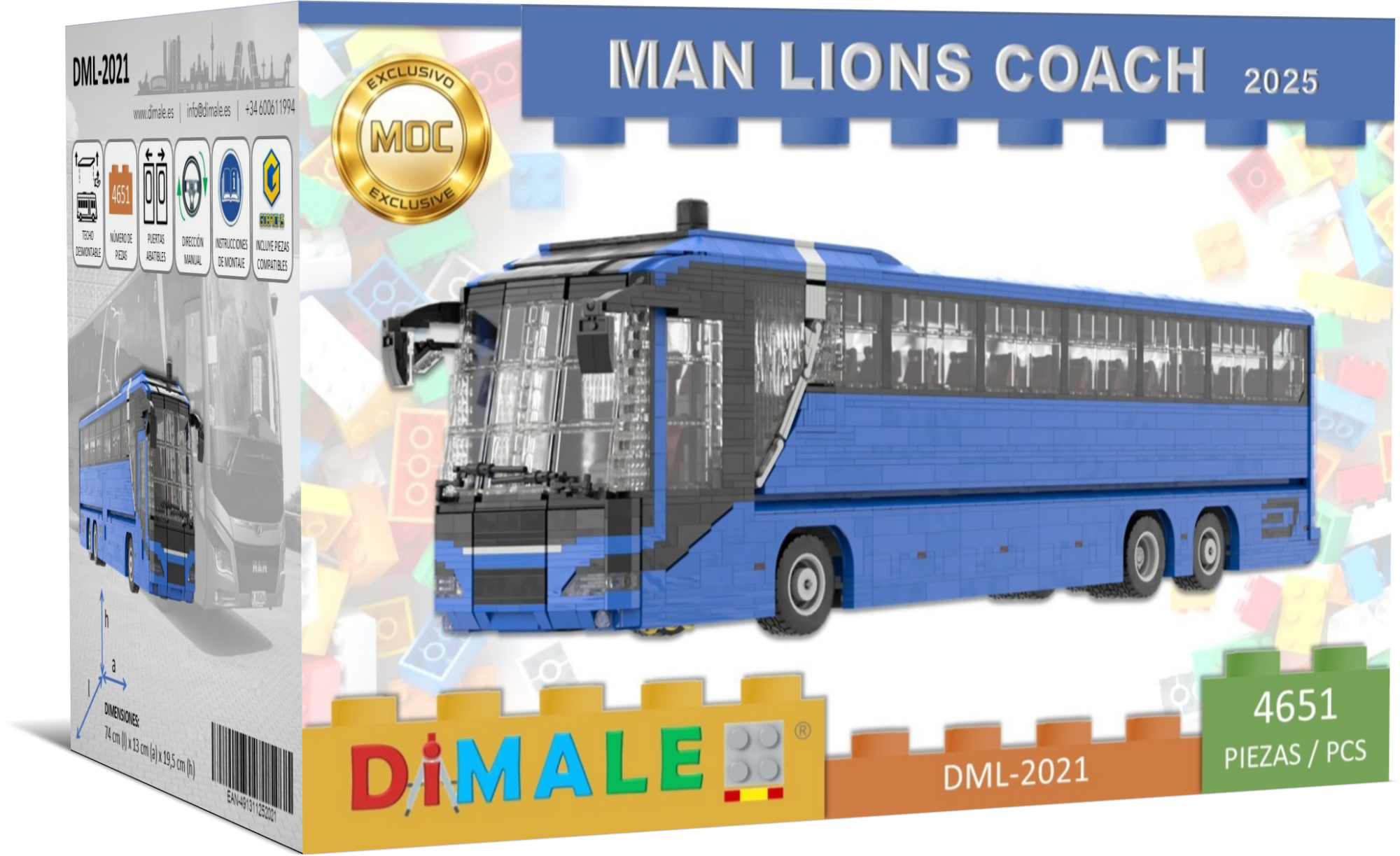 Autobús modelo MAN Lions Coach en caja de juguete, diseño en azul y detalles coloridos.