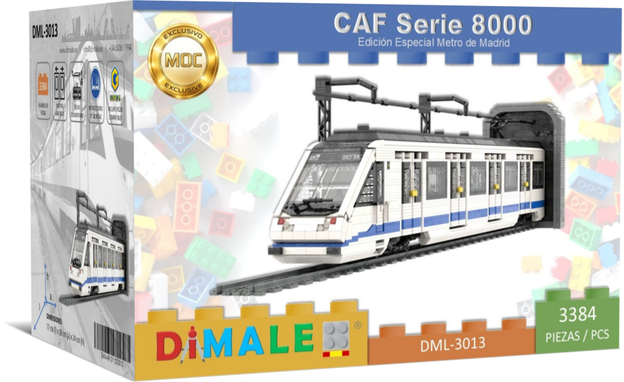 Tren modelo CAF Serie 8000 en su empaque, diseñado para construcción de bloques.
