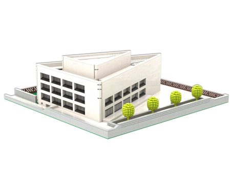 Edificio Oficinas Endress Hauser (Barcelona) MOC Lego - Vista exterior 3 Edificio moderno con estructura triangular y árboles alrededor.