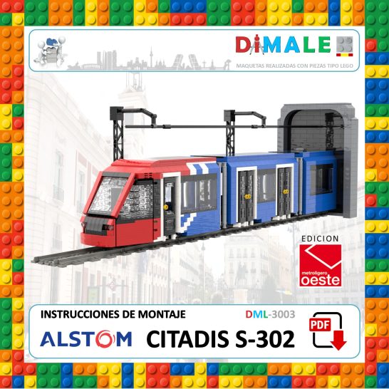 Modelo a escala del tranvía Alstom Citadis S-302 en colores rojo y azul. Instrucciones de montaje.